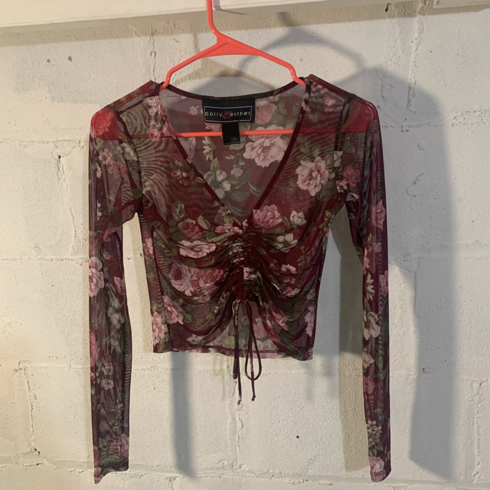 Mesh Floral Ruched Longsleeve Top